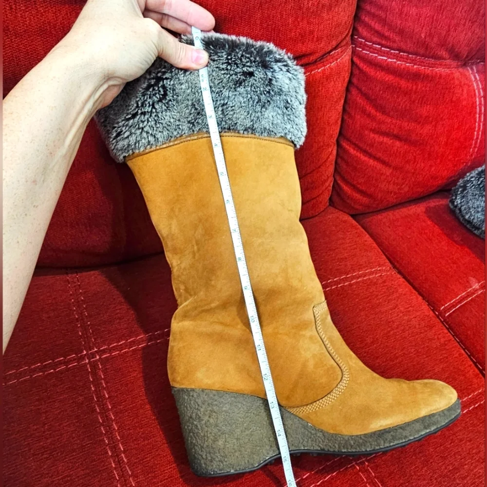 Timberland Tan Suede Wedge Boots with Gray Faux Fur Cuff